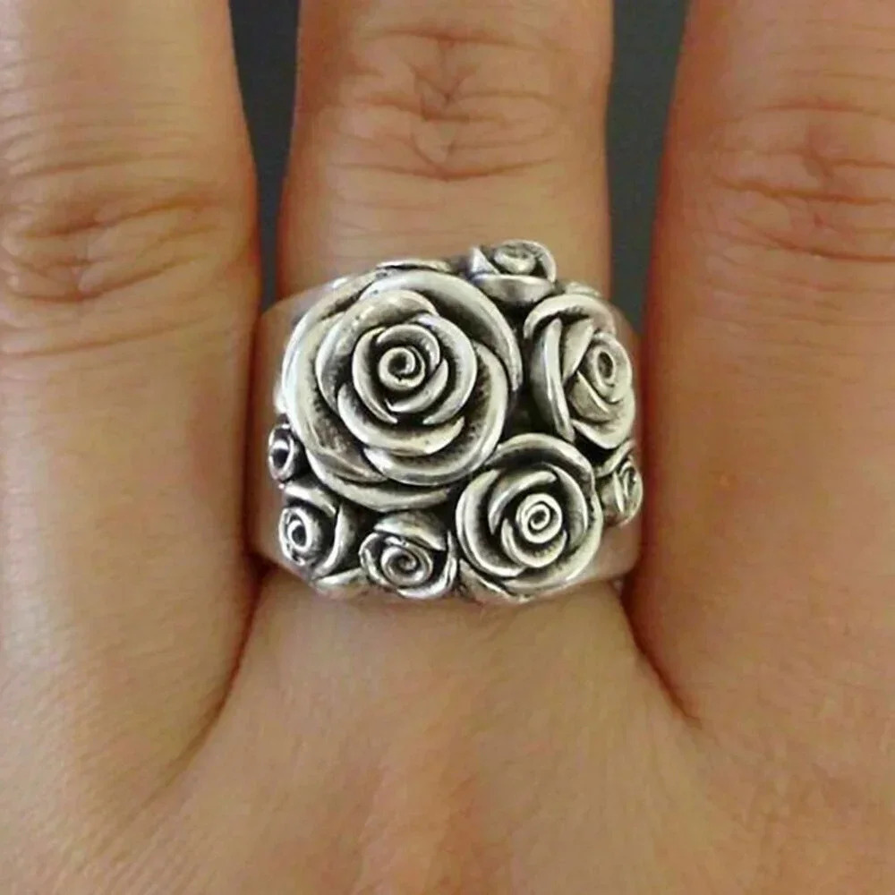 NEW 925 Silver Rose Flower Vintage Wide Band Ring